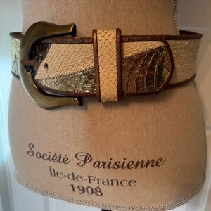 DUSTY BAKER BELT WIDE CREAM FABRIC SNAKESKIN METALLIC BRONZE GOLD SIZE M